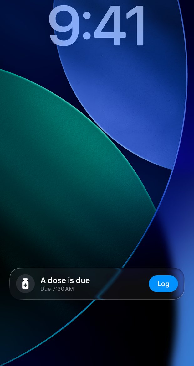 iPhone Lock Screen showing a dose is due without a medicine name