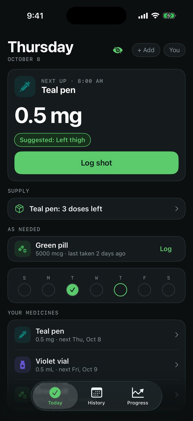 VialBook Today screen: next dose and a Log shot button